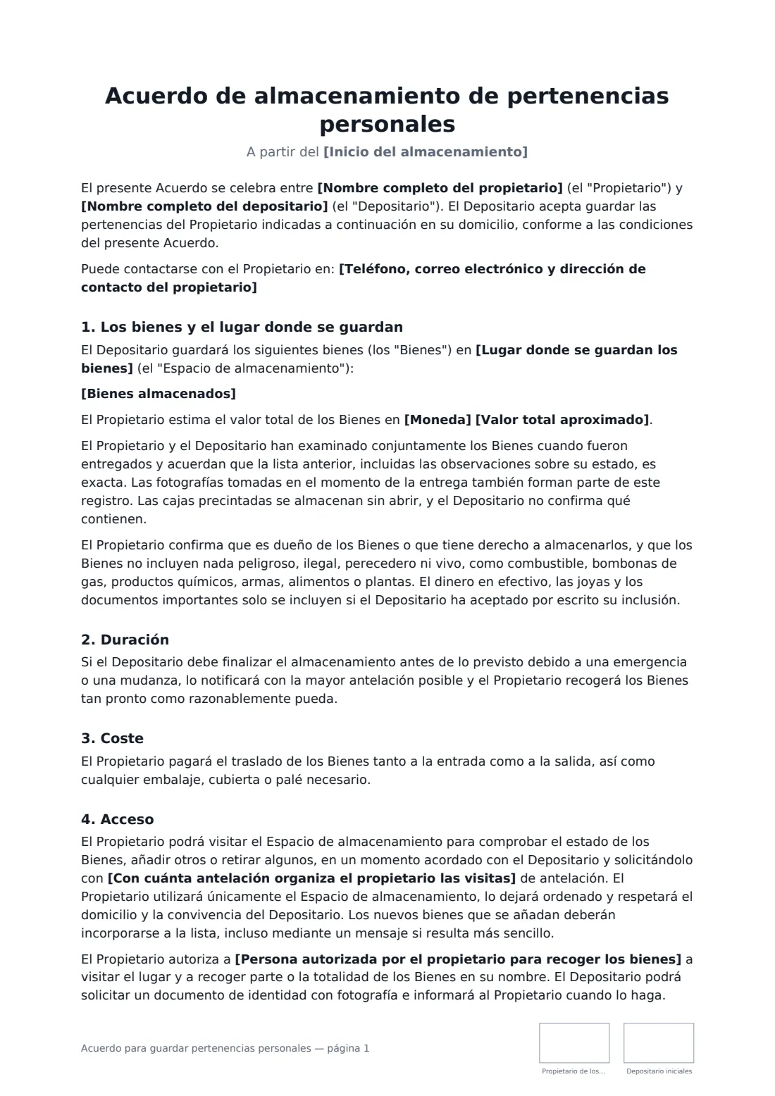 Acuerdo para guardar pertenencias personales: página 1 de 2