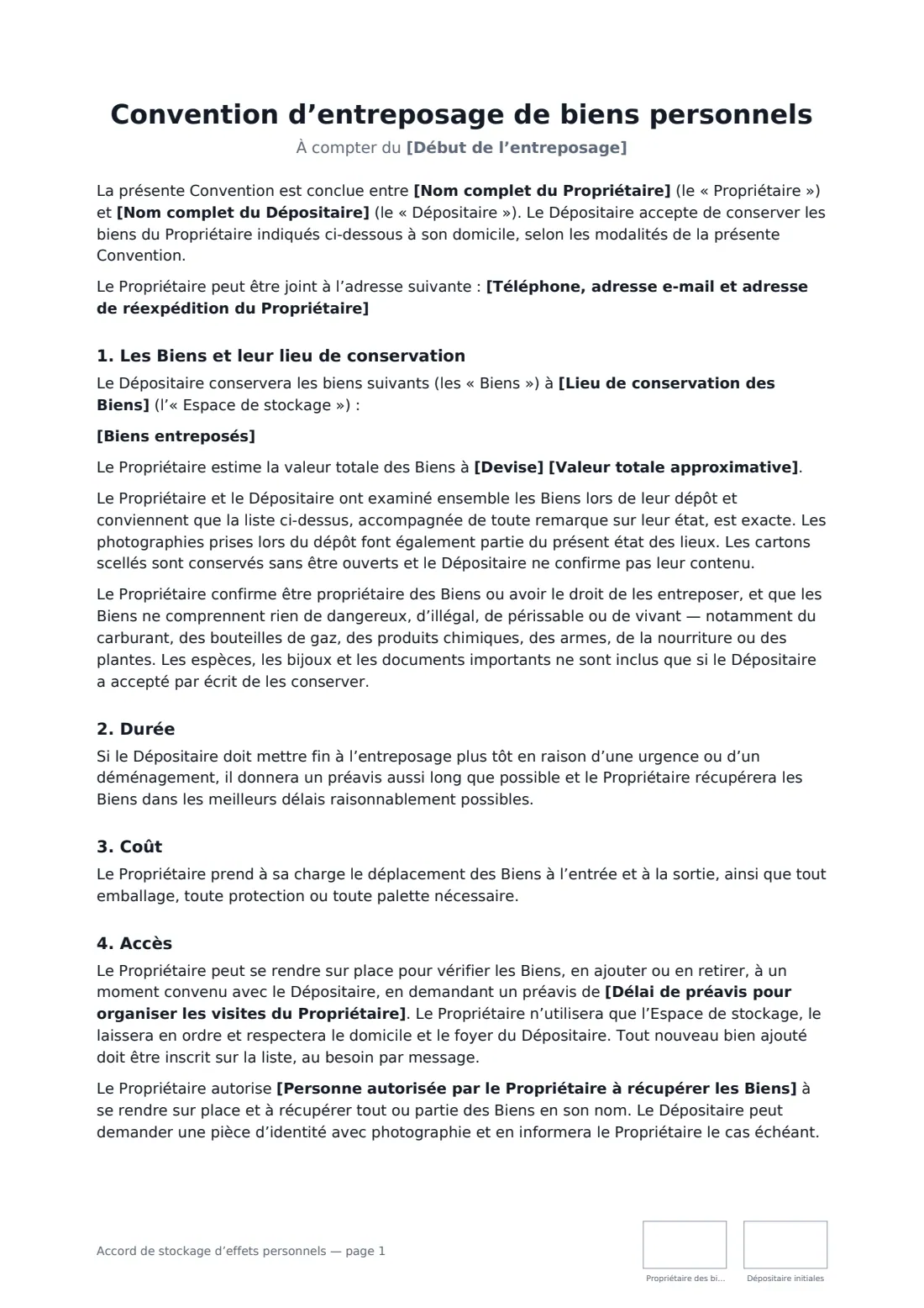 Accord de stockage d’effets personnels — page 1 sur 2