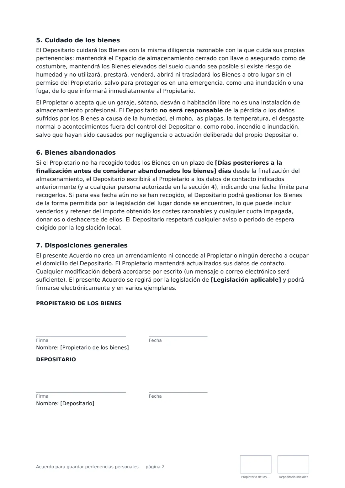 Acuerdo para guardar pertenencias personales: página 2 de 2