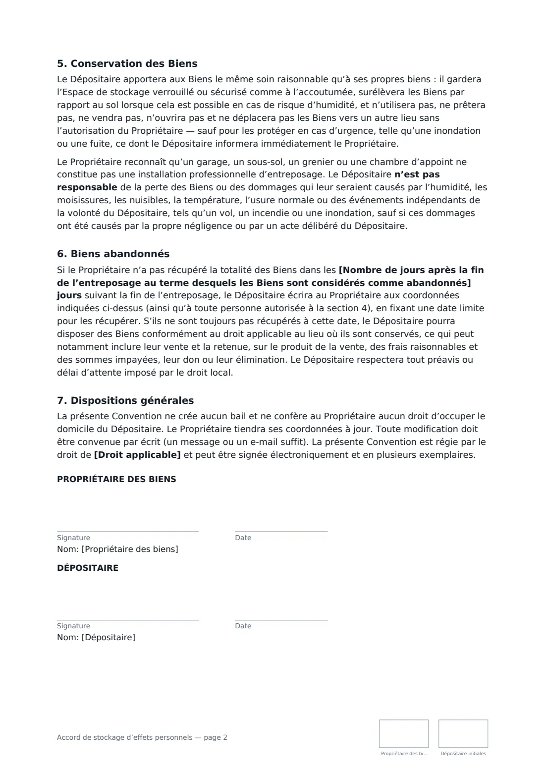 Accord de stockage d’effets personnels — page 2 sur 2