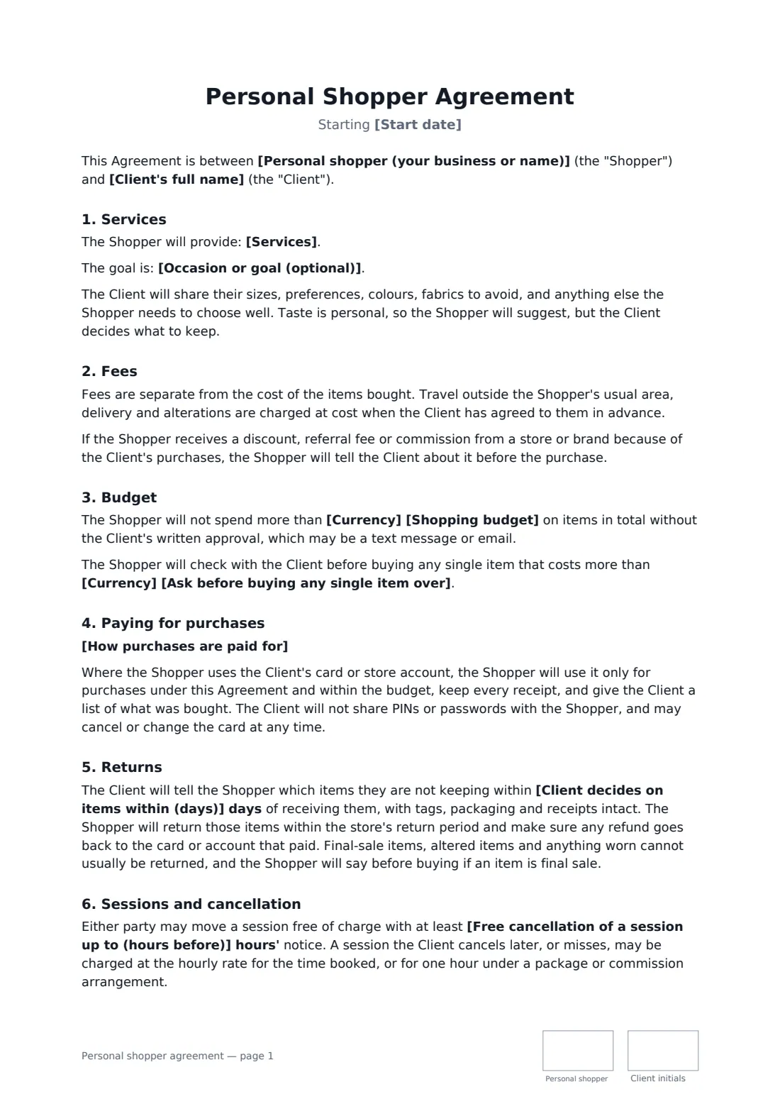 Personal shopper agreement — page 1 of 2