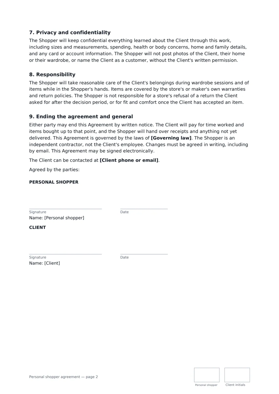 Personal shopper agreement — page 2 of 2