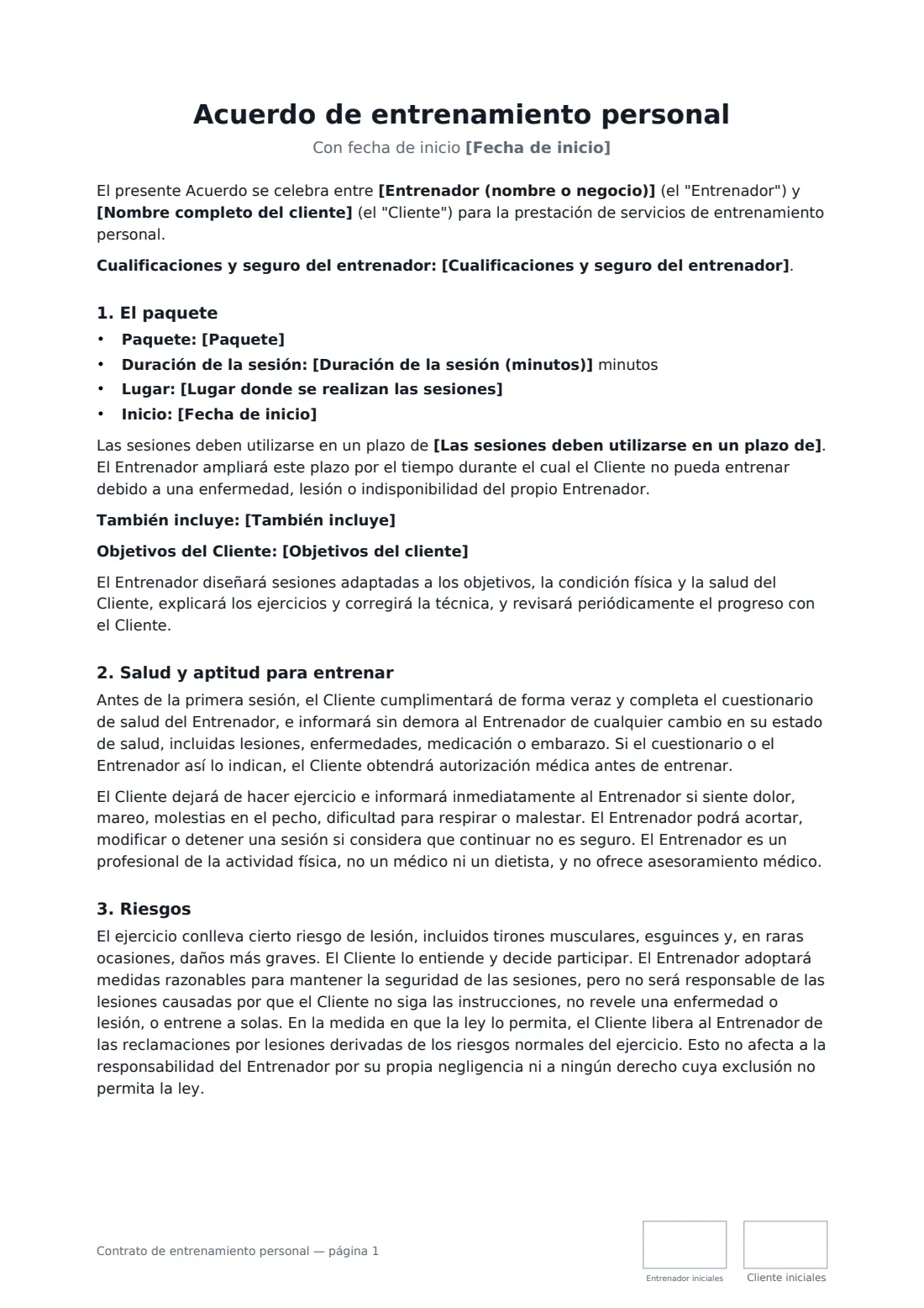 Contrato de entrenamiento personal: página 1 de 3