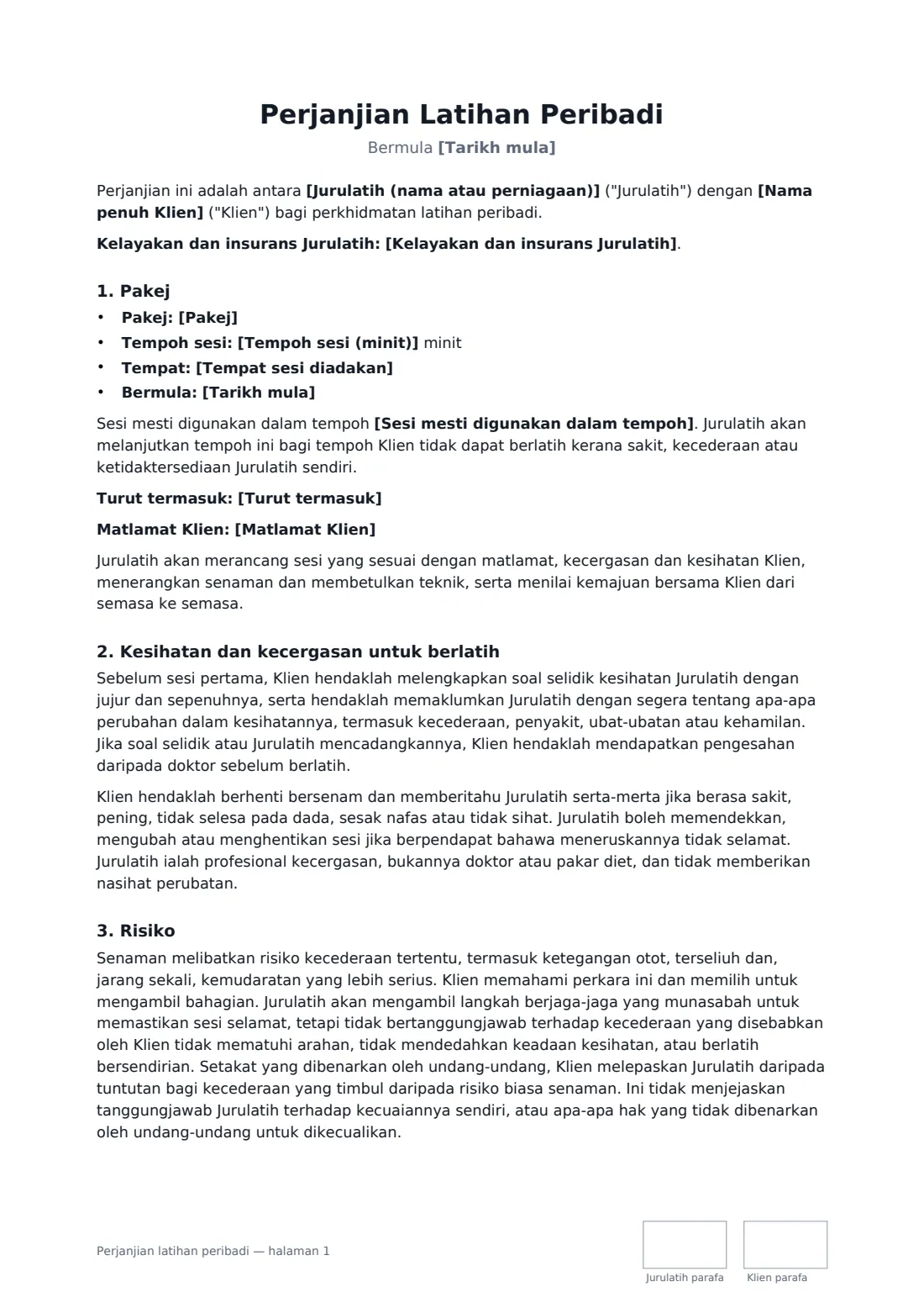 Perjanjian latihan peribadi — halaman 1 daripada 3