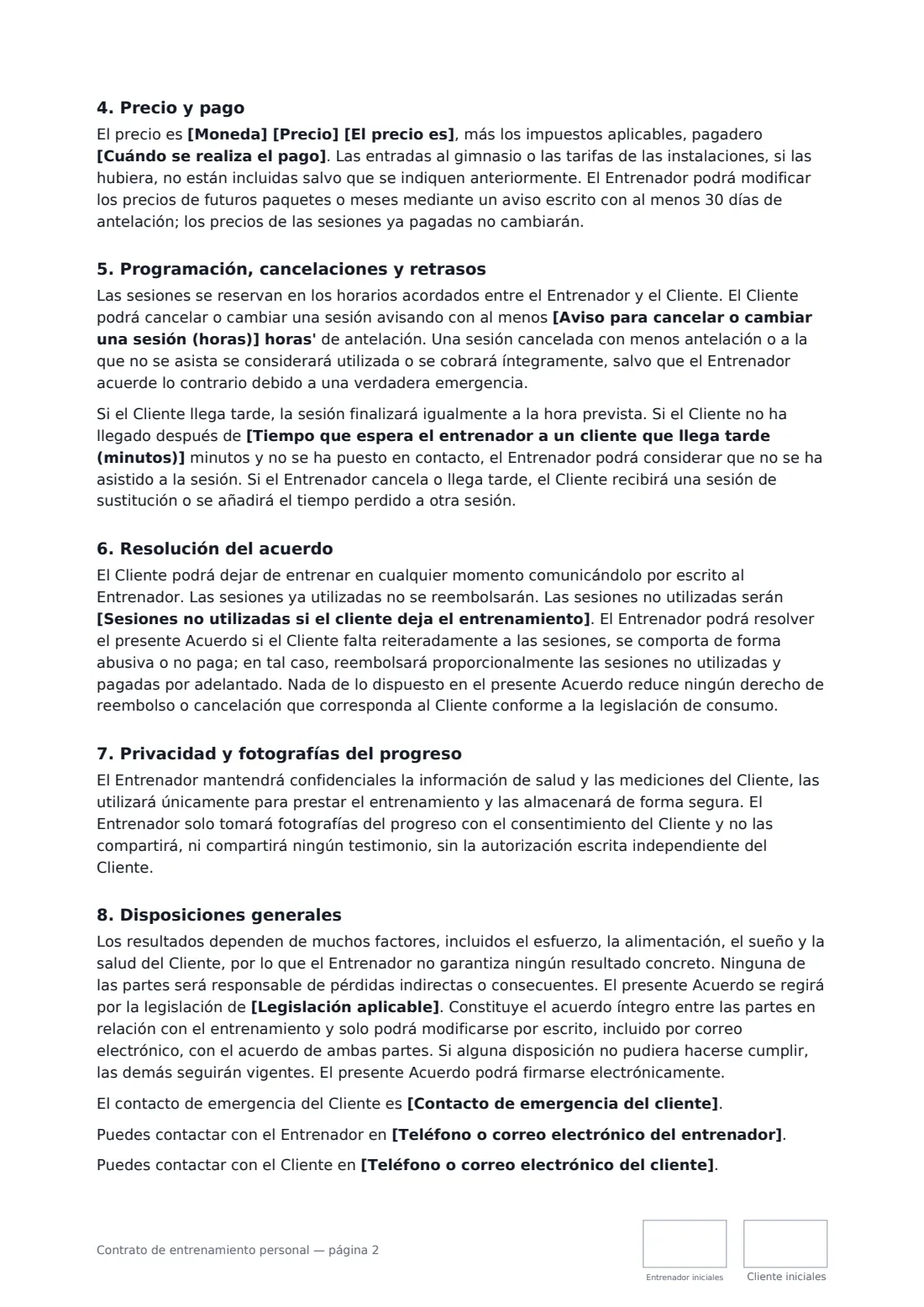 Contrato de entrenamiento personal: página 2 de 3