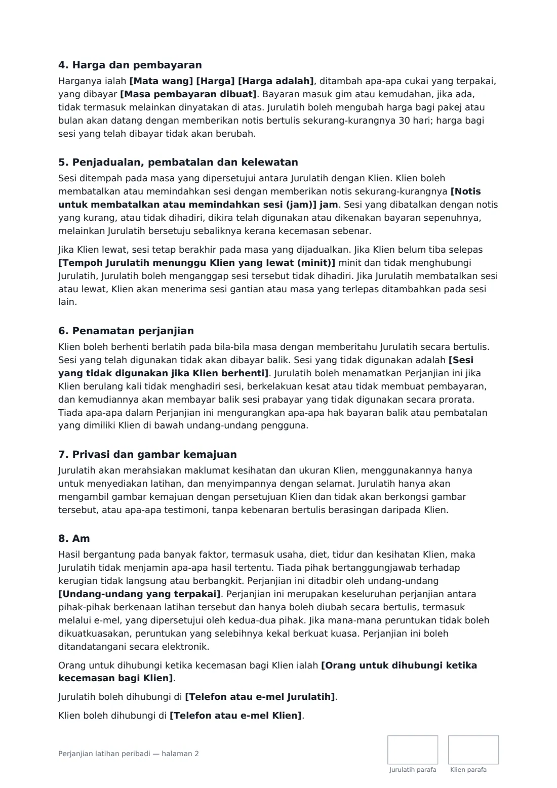 Perjanjian latihan peribadi — halaman 2 daripada 3