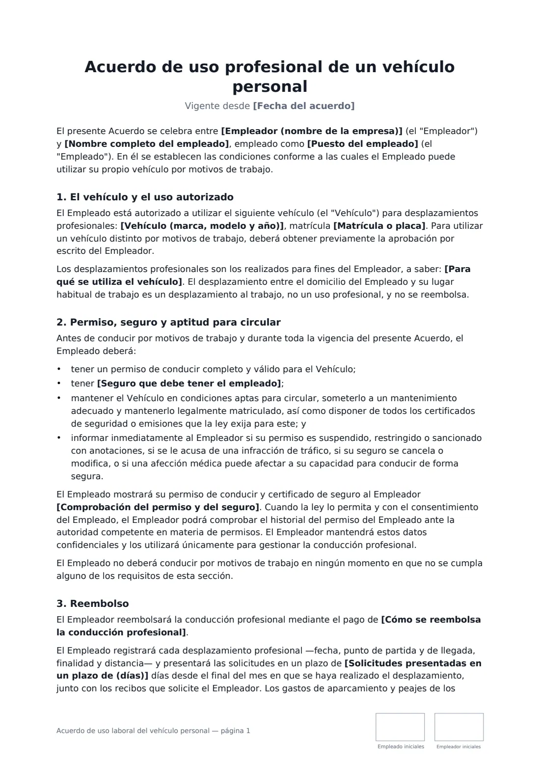 Acuerdo de uso laboral del vehículo personal: página 1 de 3
