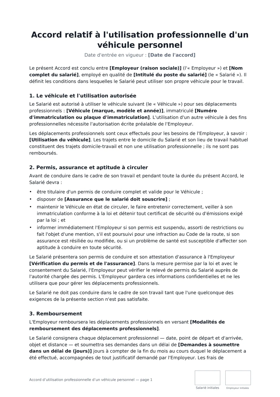 Accord d’utilisation professionnelle d’un véhicule personnel — page 1 sur 3