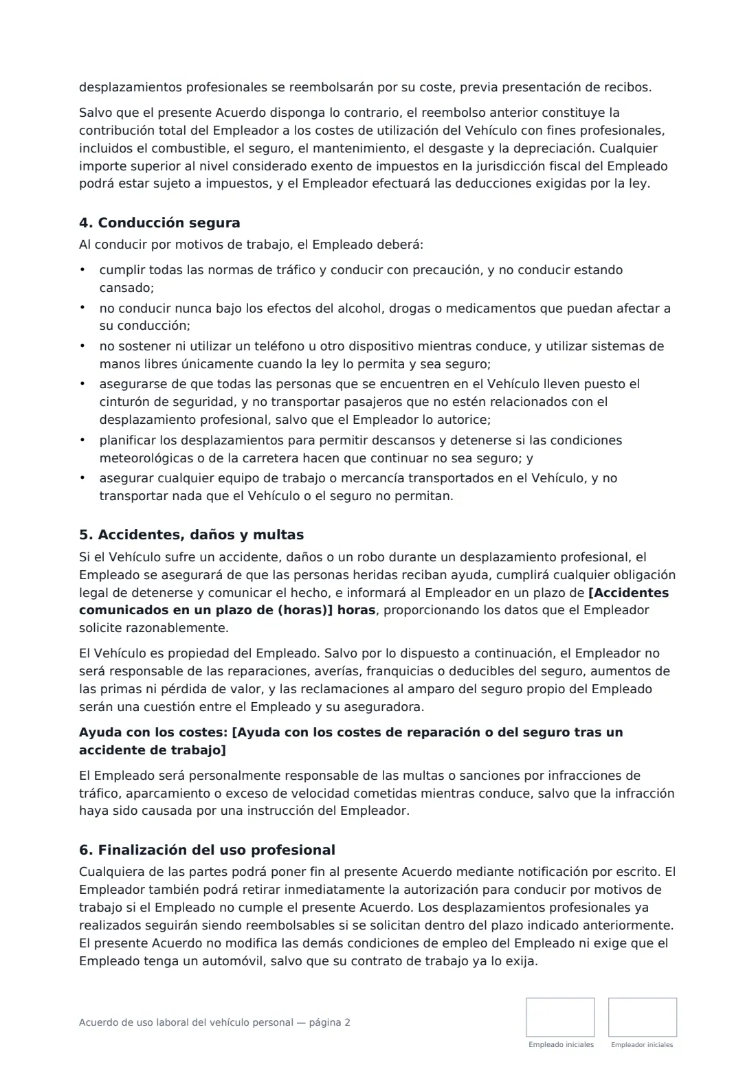 Acuerdo de uso laboral del vehículo personal: página 2 de 3