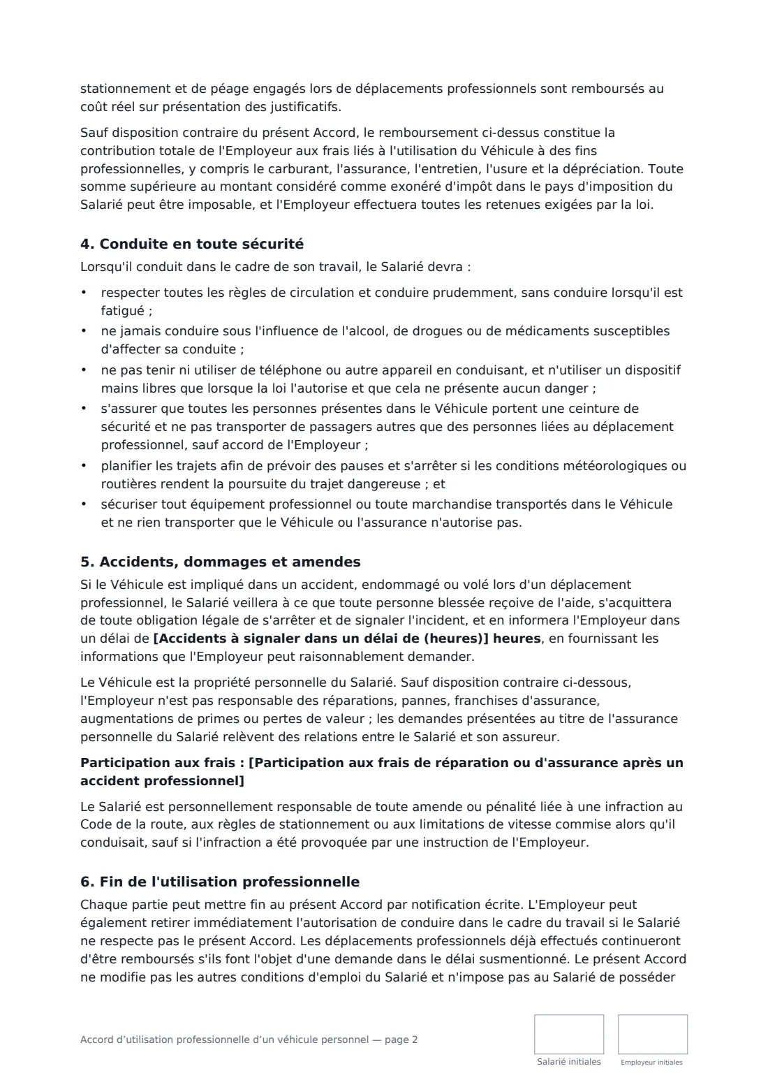 Accord d’utilisation professionnelle d’un véhicule personnel — page 2 sur 3