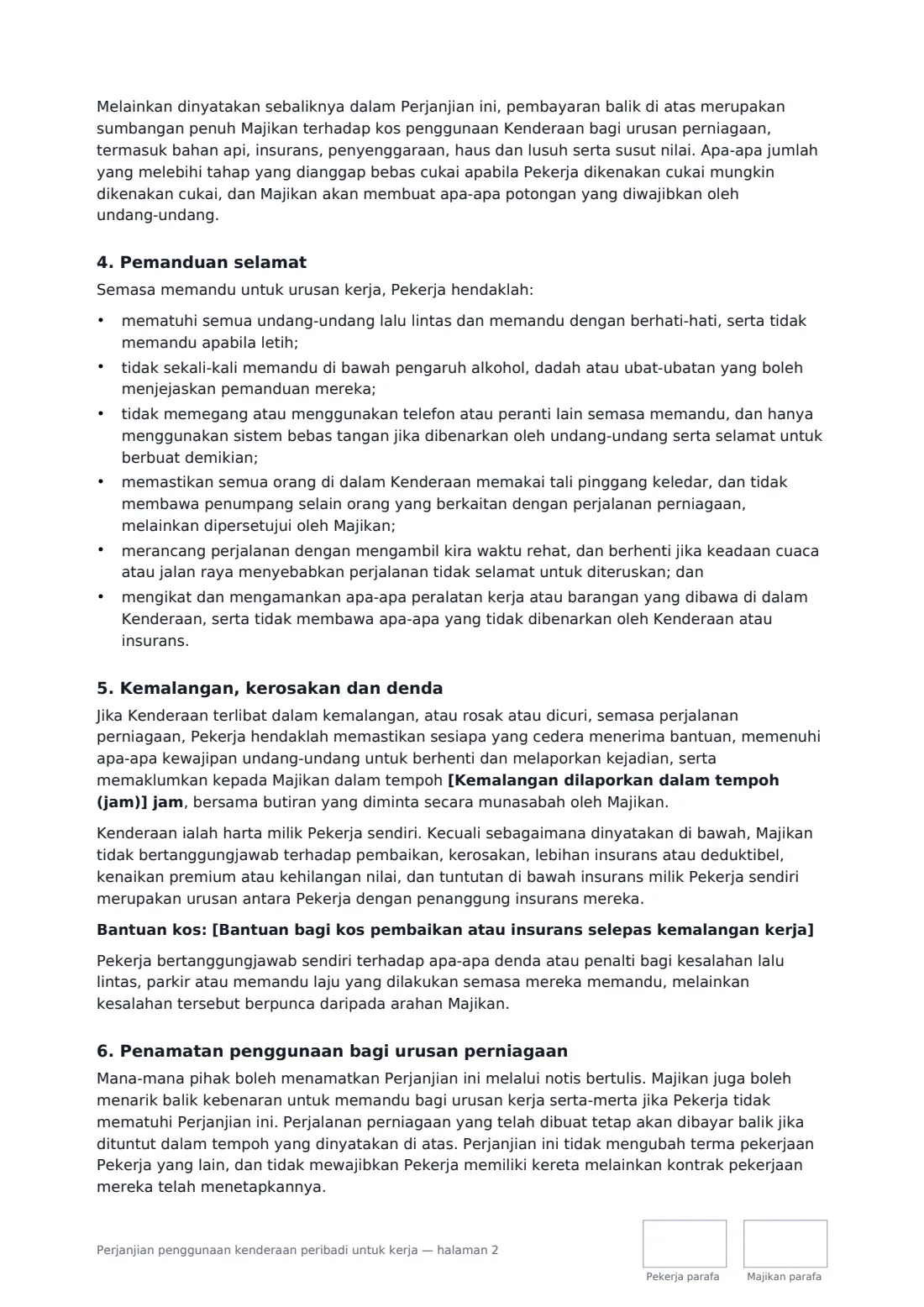 Perjanjian penggunaan kenderaan peribadi untuk kerja — halaman 2 daripada 3