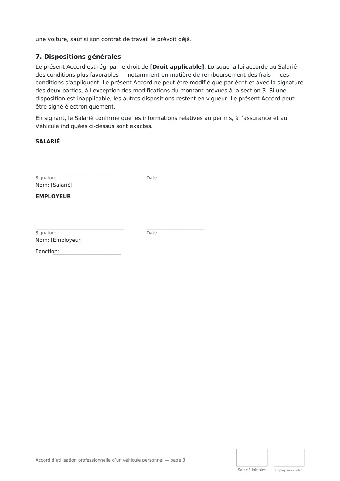 Accord d’utilisation professionnelle d’un véhicule personnel — page 3 sur 3