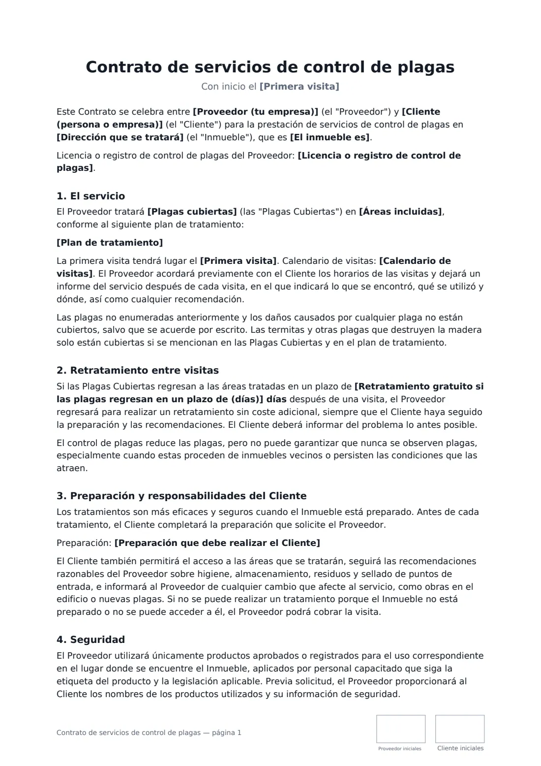Contrato de servicios de control de plagas: página 1 de 3