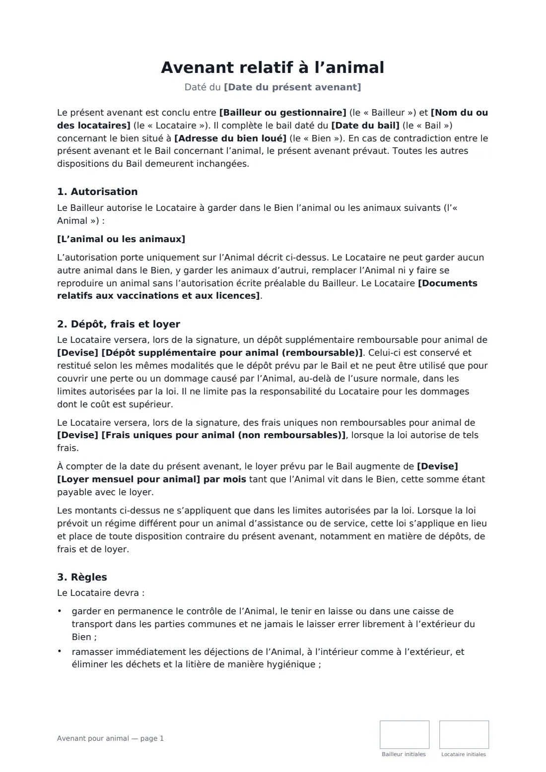 Avenant pour animal — page 1 sur 3