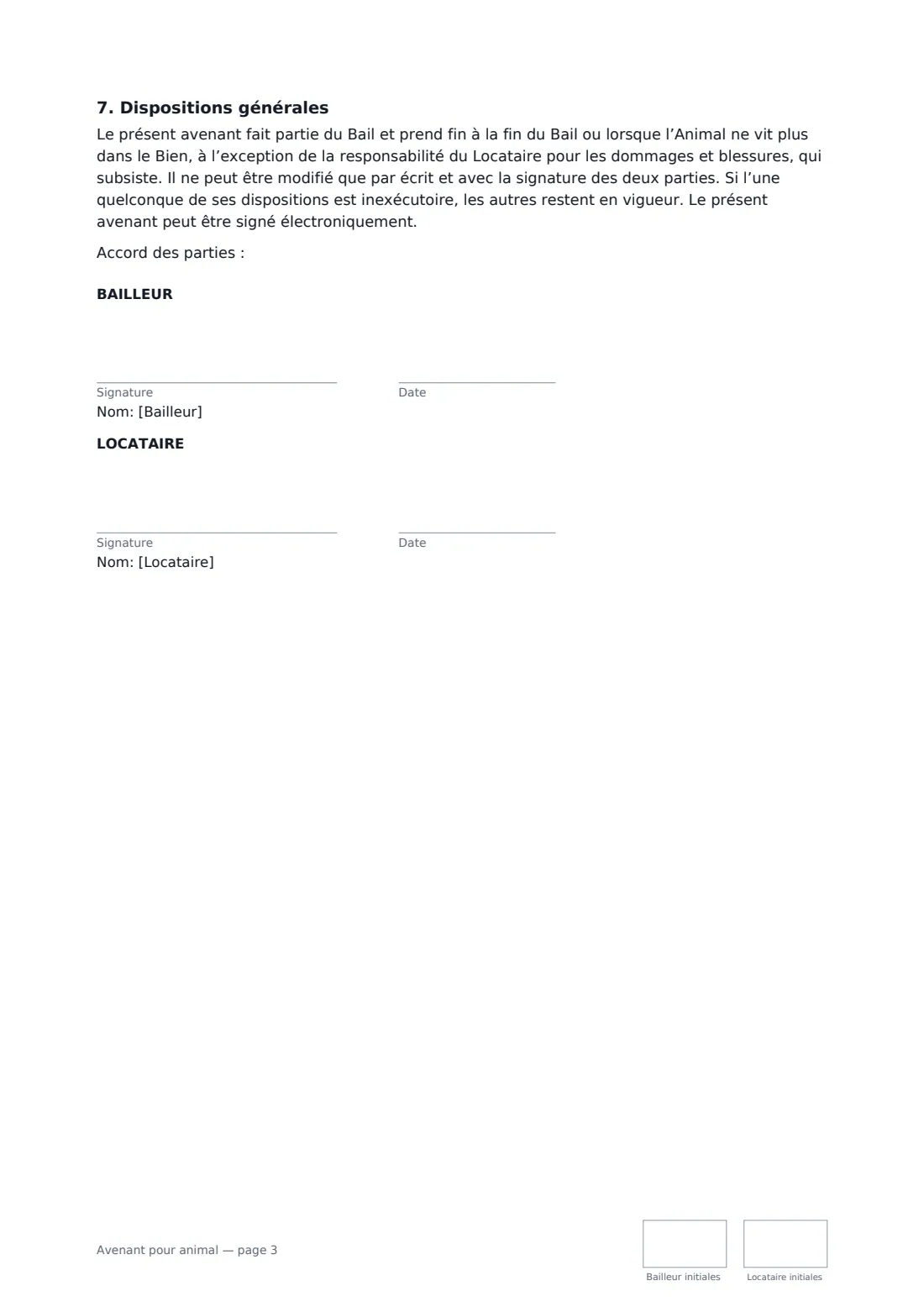 Avenant pour animal — page 3 sur 3