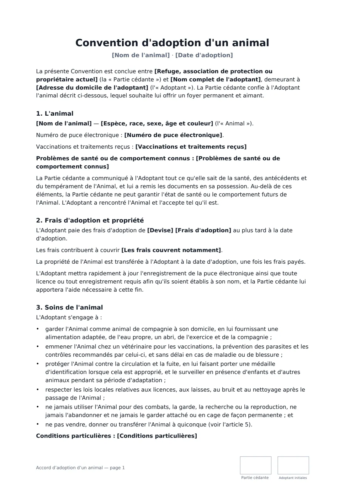 Accord d’adoption d’un animal — page 1 sur 3