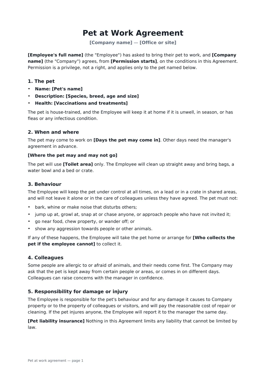 Pet at work agreement — page 1 of 2