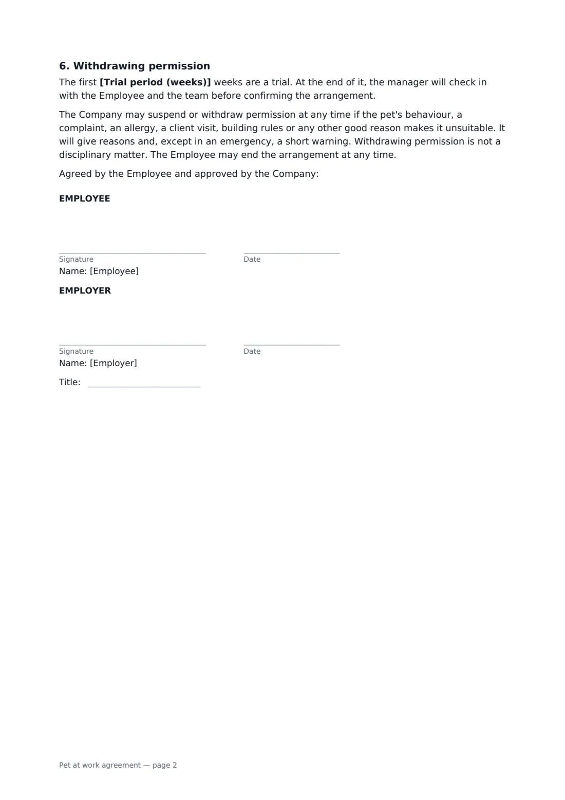 Pet at work agreement — page 2 of 2