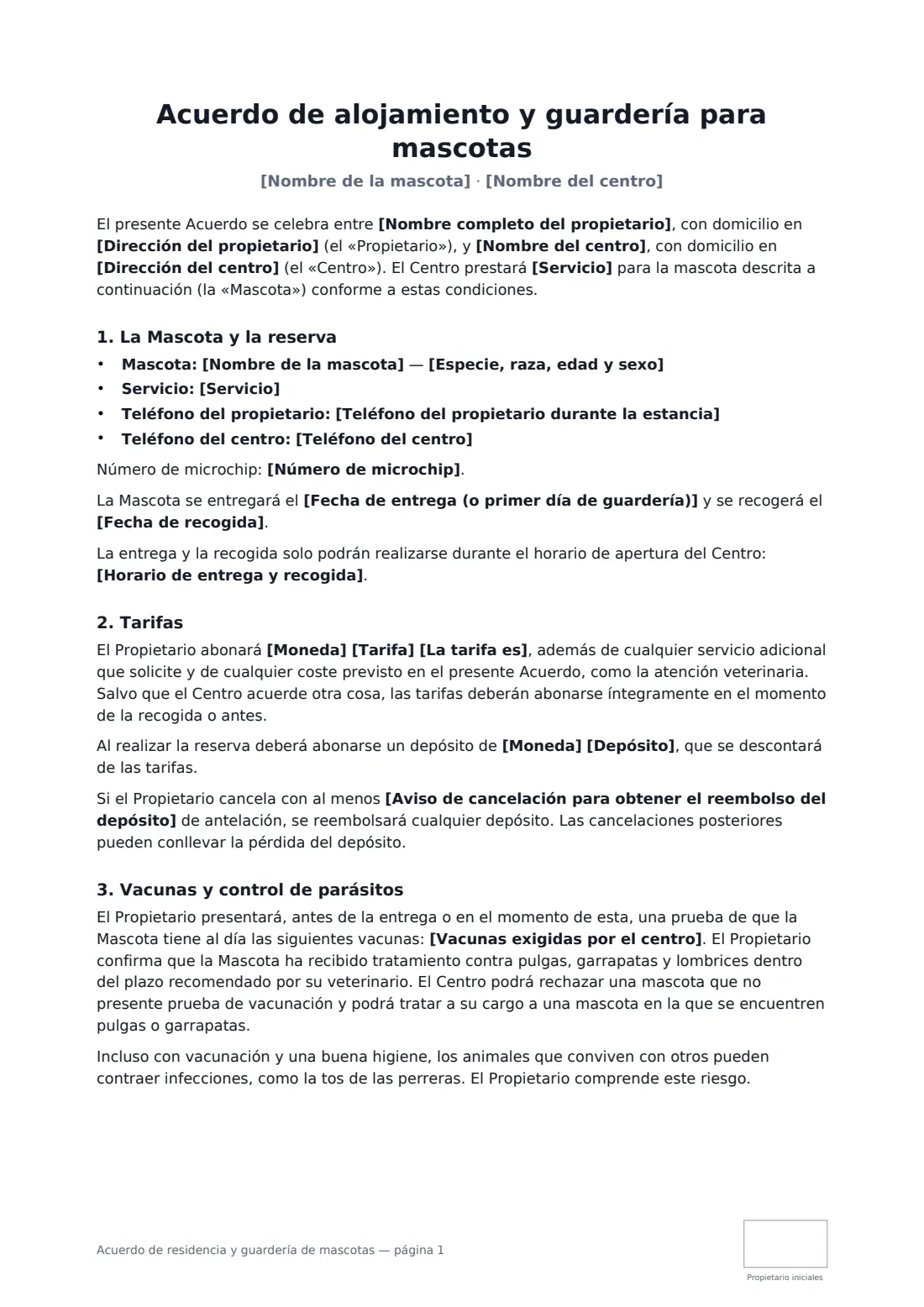 Acuerdo de residencia y guardería de mascotas: página 1 de 3