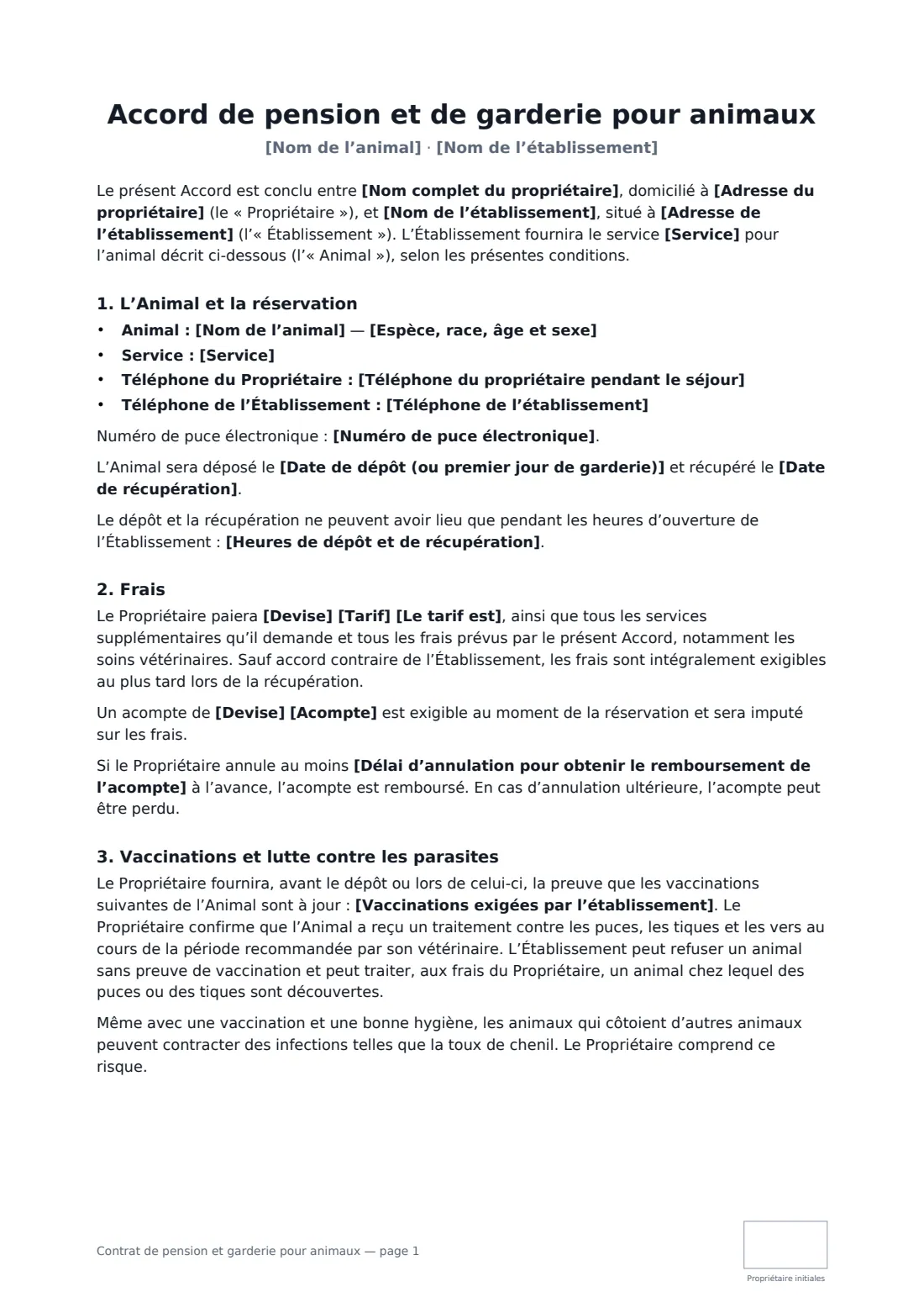 Contrat de pension et garderie pour animaux — page 1 sur 3