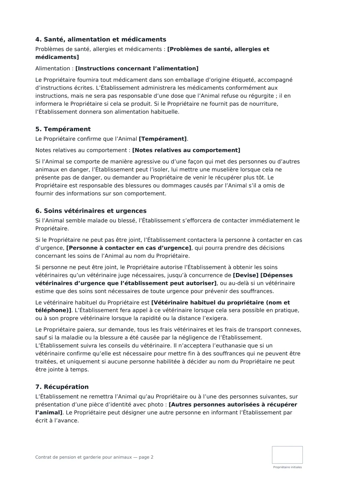 Contrat de pension et garderie pour animaux — page 2 sur 3