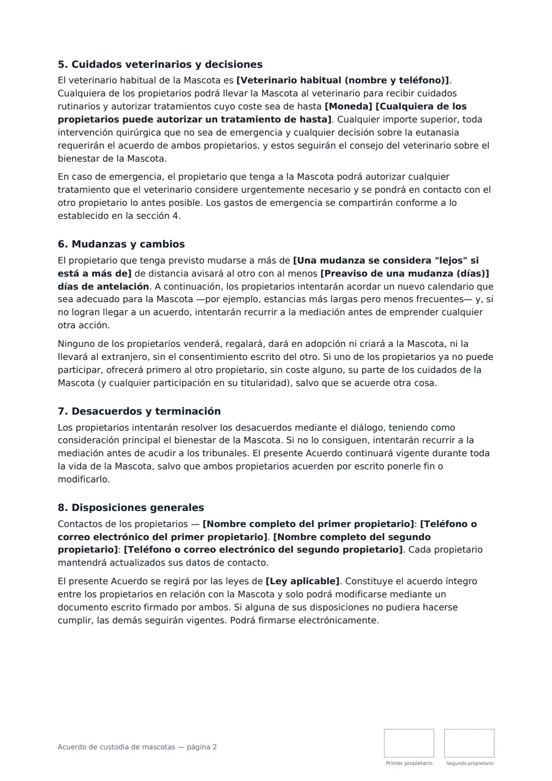 Acuerdo de custodia de mascotas: página 2 de 3