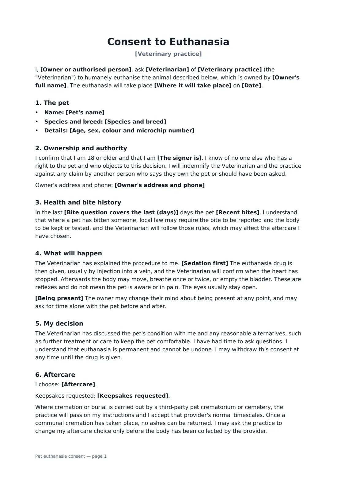 Pet euthanasia consent — page 1 of 2