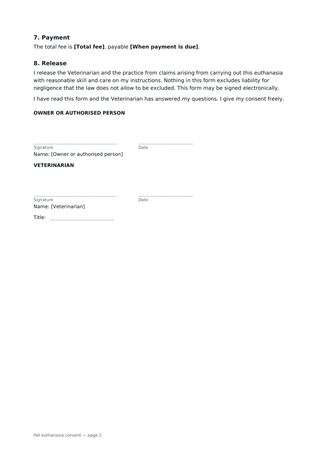 Pet euthanasia consent — page 2 of 2