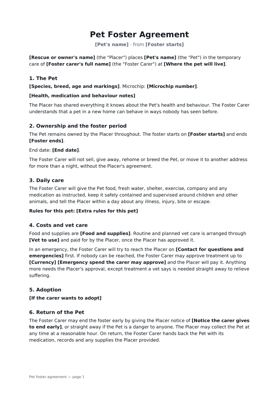 Pet foster agreement — page 1 of 2