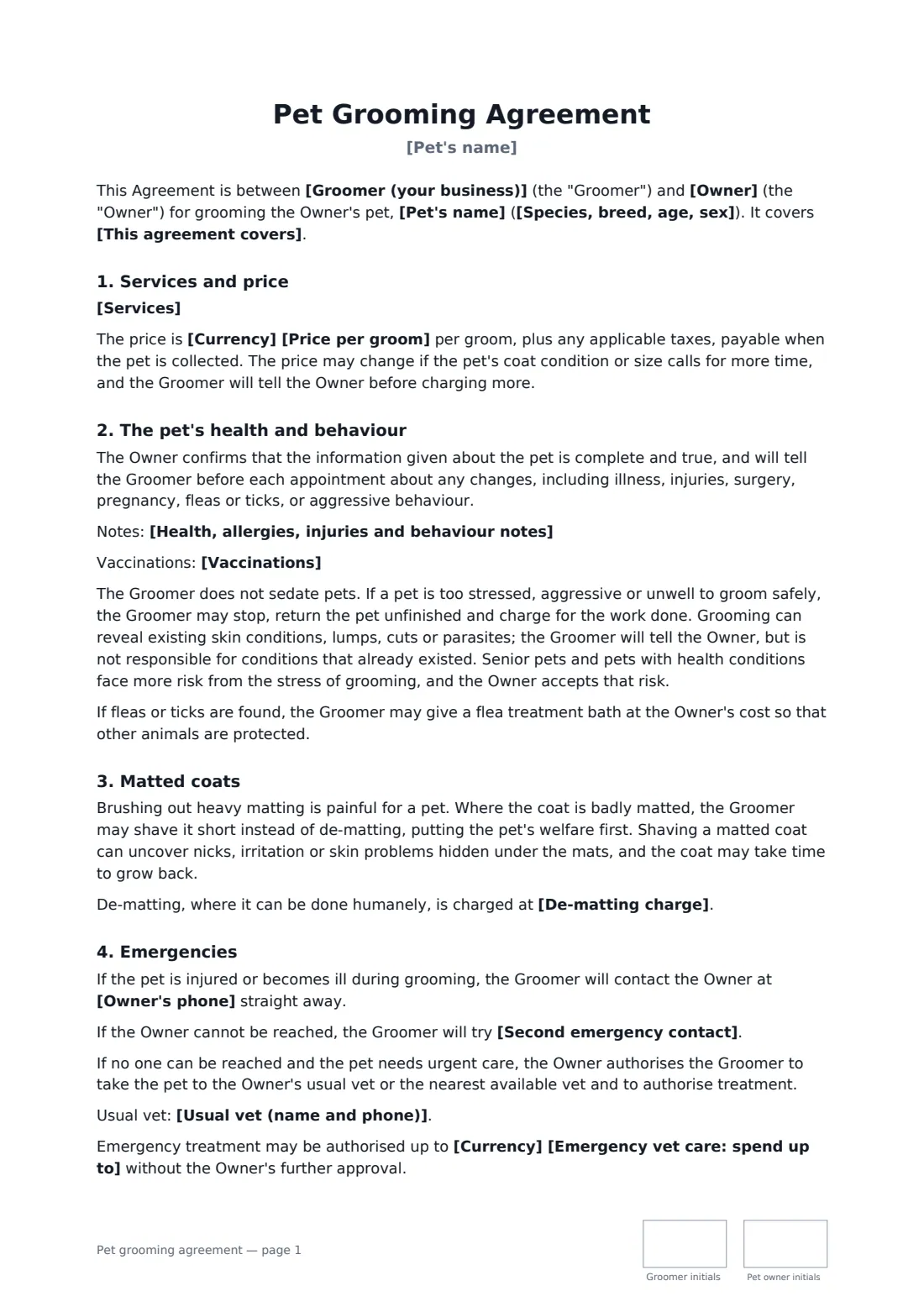 Pet grooming agreement — page 1 of 2