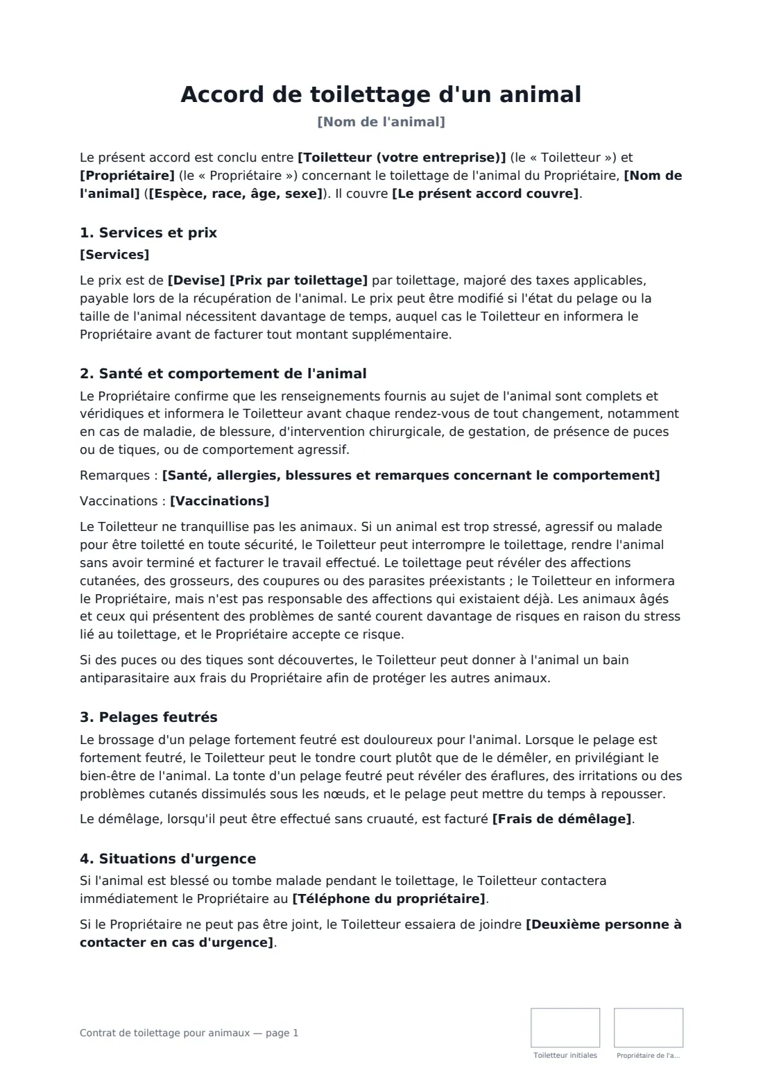 Contrat de toilettage pour animaux — page 1 sur 2