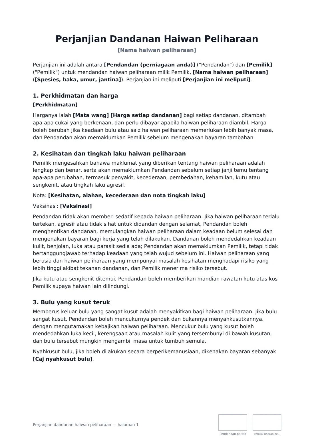 Perjanjian dandanan haiwan peliharaan — halaman 1 daripada 3