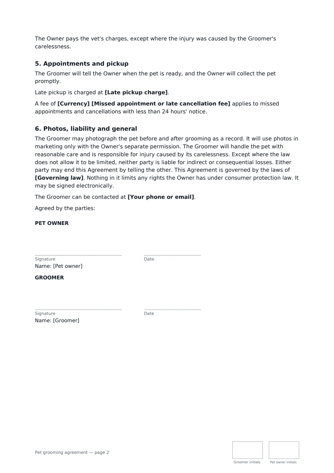 Pet grooming agreement — page 2 of 2