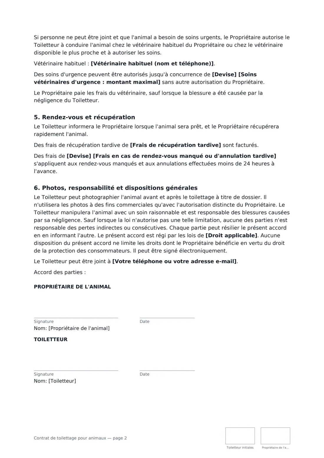 Contrat de toilettage pour animaux — page 2 sur 2