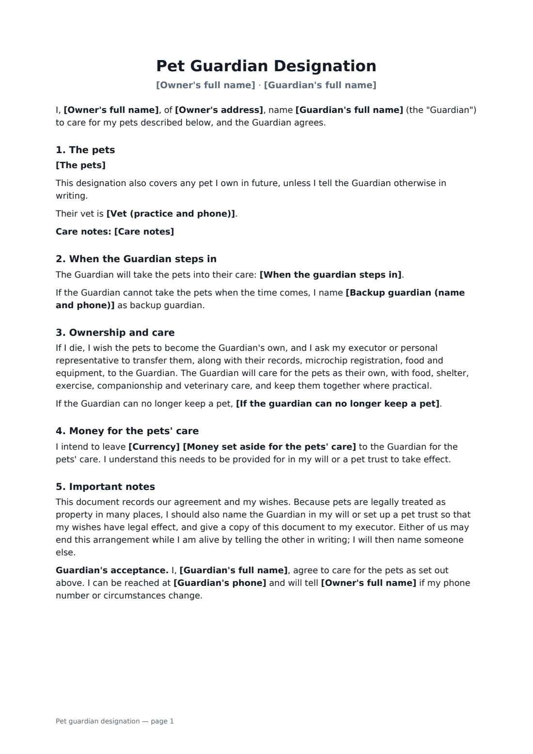Pet guardian designation — page 1 of 2