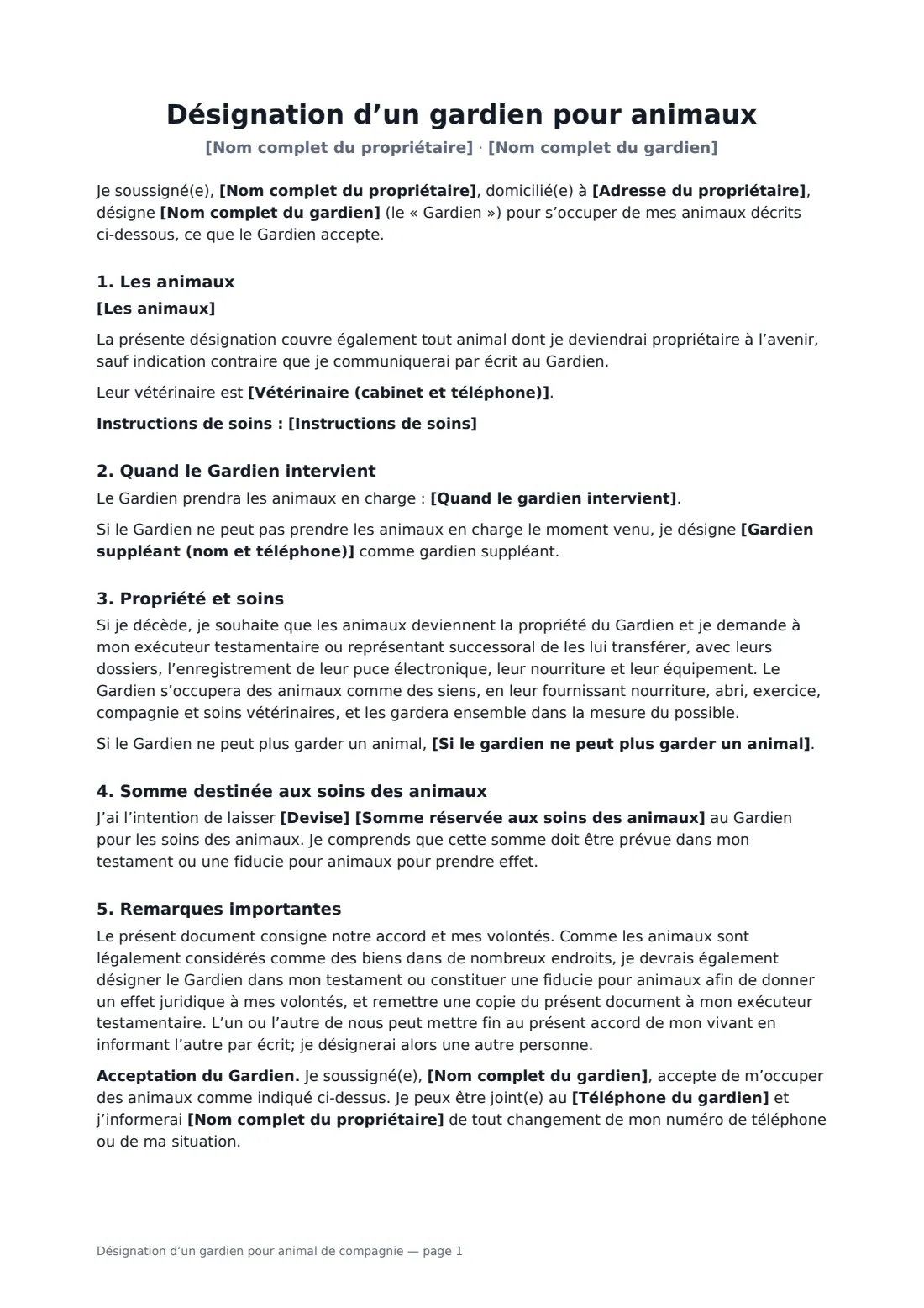 Désignation d’un gardien pour animal de compagnie — page 1 sur 2