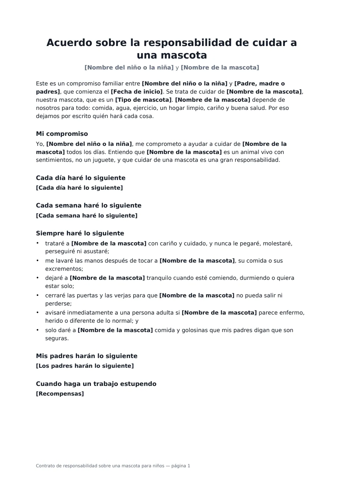 Contrato de responsabilidad sobre una mascota para niños: página 1 de 2