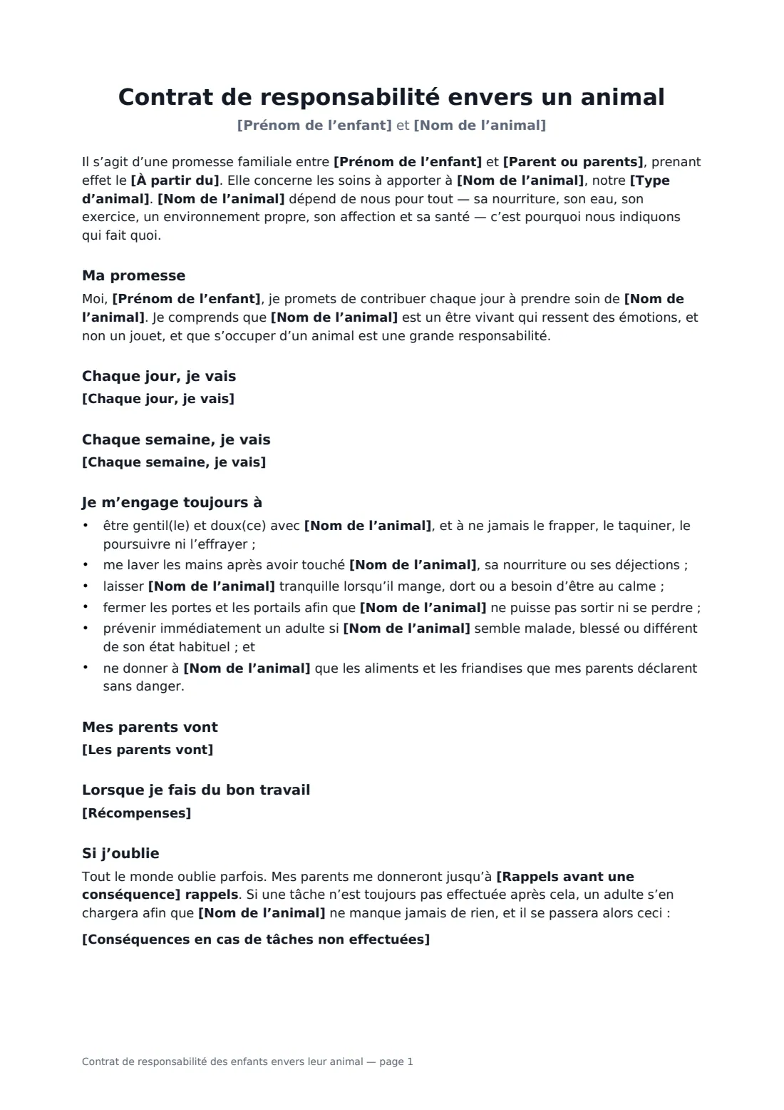 Contrat de responsabilité des enfants envers leur animal — page 1 sur 2