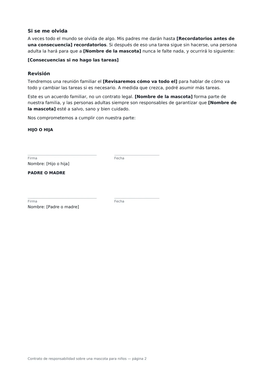 Contrato de responsabilidad sobre una mascota para niños: página 2 de 2