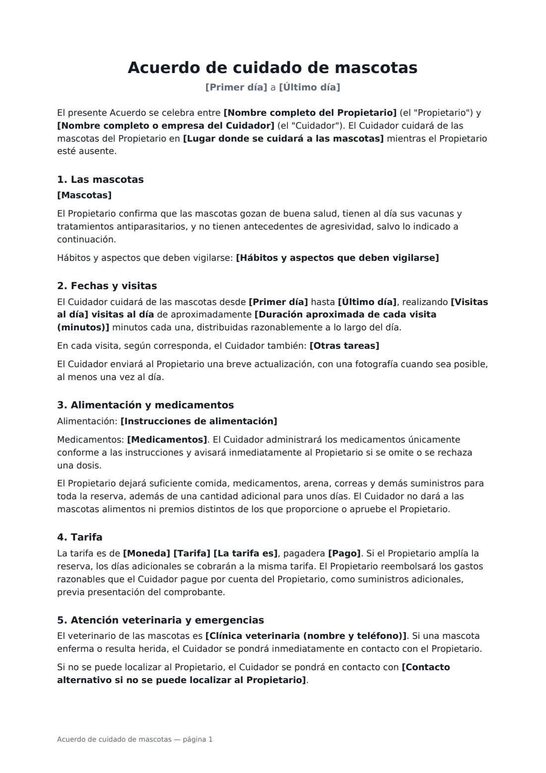 Acuerdo de cuidado de mascotas: página 1 de 2
