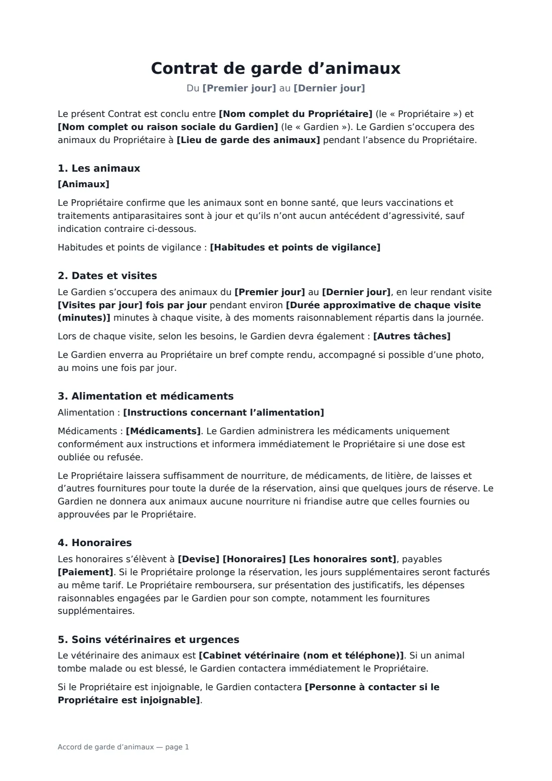 Accord de garde d’animaux — page 1 sur 2