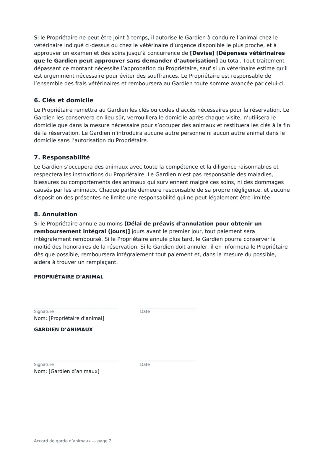 Accord de garde d’animaux — page 2 sur 2