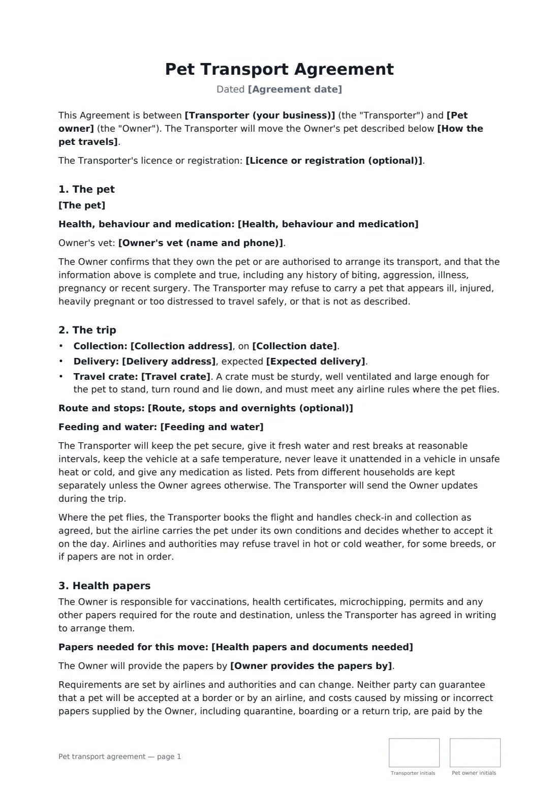 Pet transport agreement — page 1 of 3