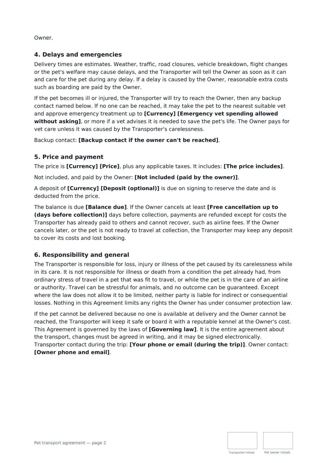 Pet transport agreement — page 2 of 3