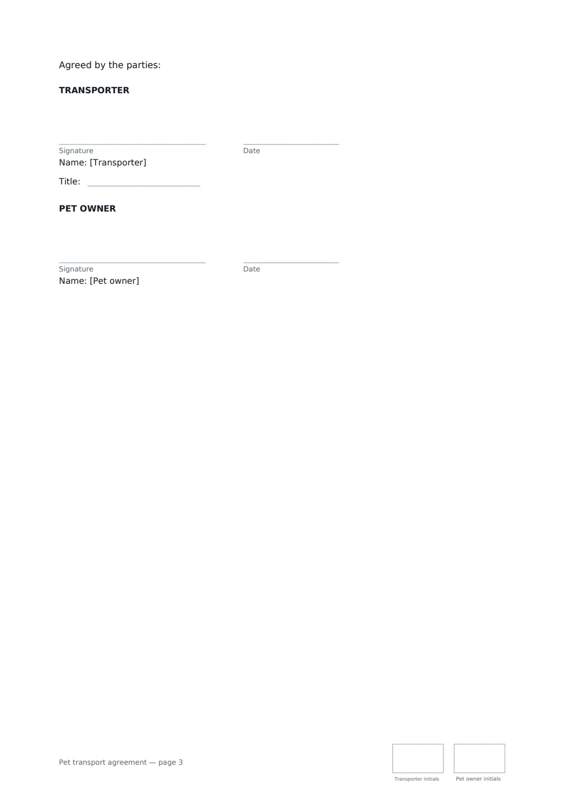 Pet transport agreement — page 3 of 3
