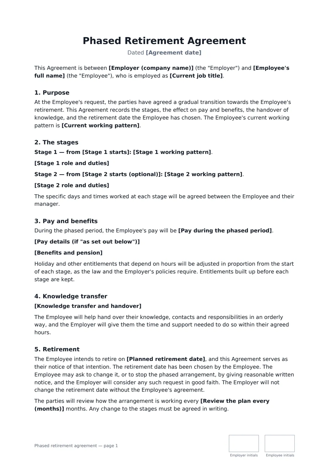 Phased retirement agreement — page 1 of 2
