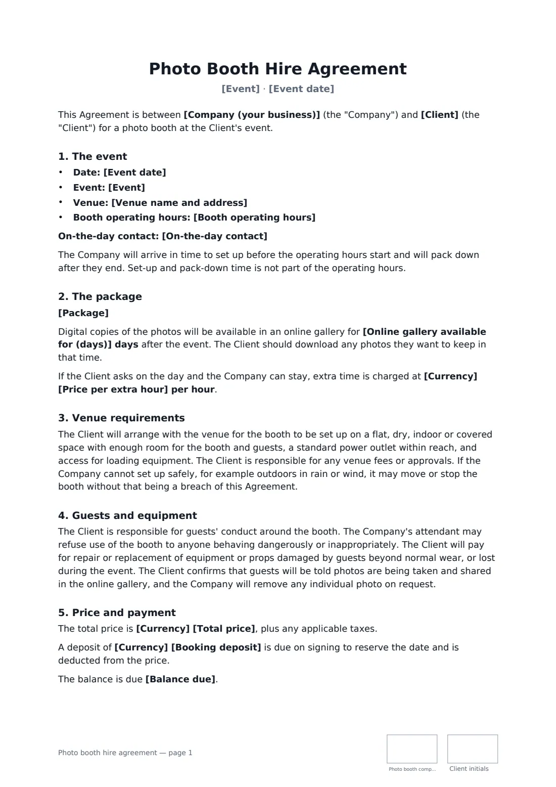 Photo booth hire agreement — page 1 of 2
