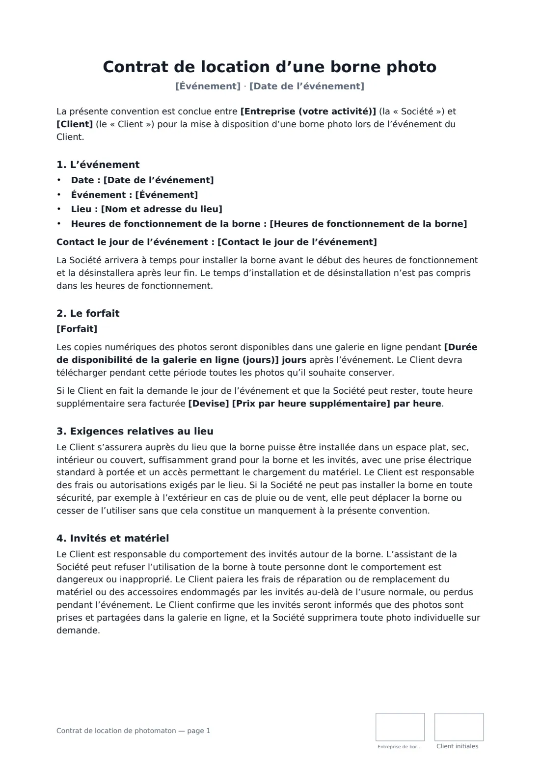 Contrat de location de photomaton — page 1 sur 2