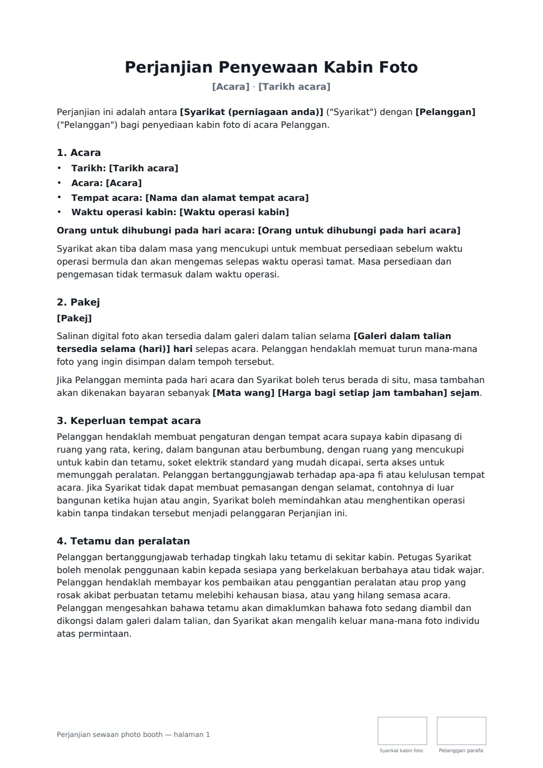 Perjanjian sewaan photo booth — halaman 1 daripada 2