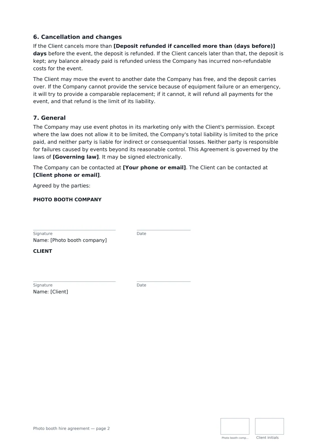 Photo booth hire agreement — page 2 of 2